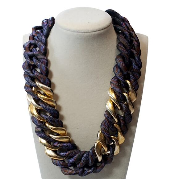 Vtg Large Chain Link Necklace Purple Gold Hook Clasp 16" Chunky Statement - Picture 1 of 5